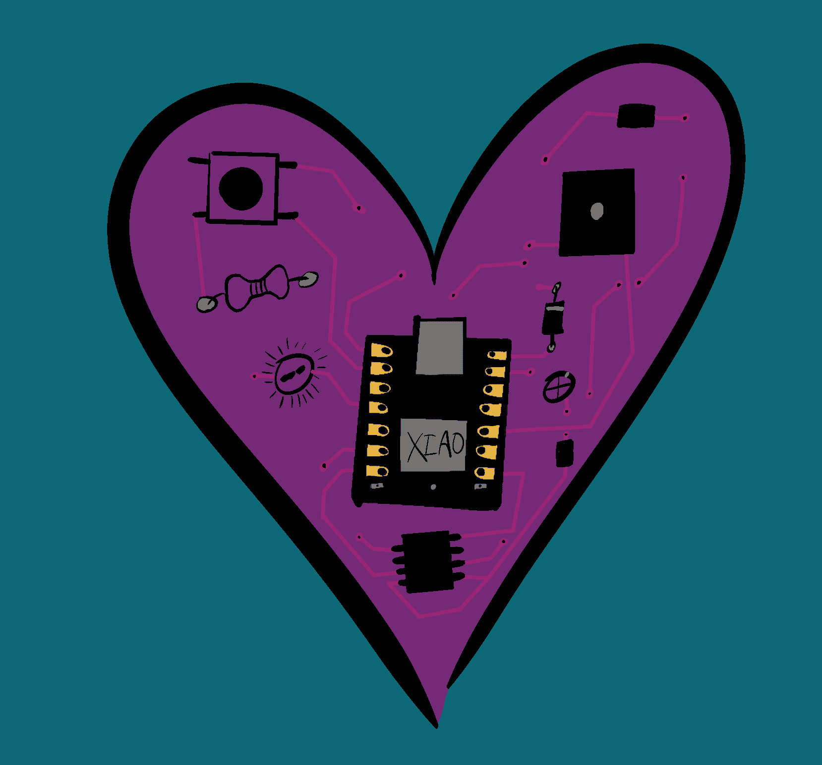 Drawn circuit board heart with a Seeed Studio XIAO in the core of it.
