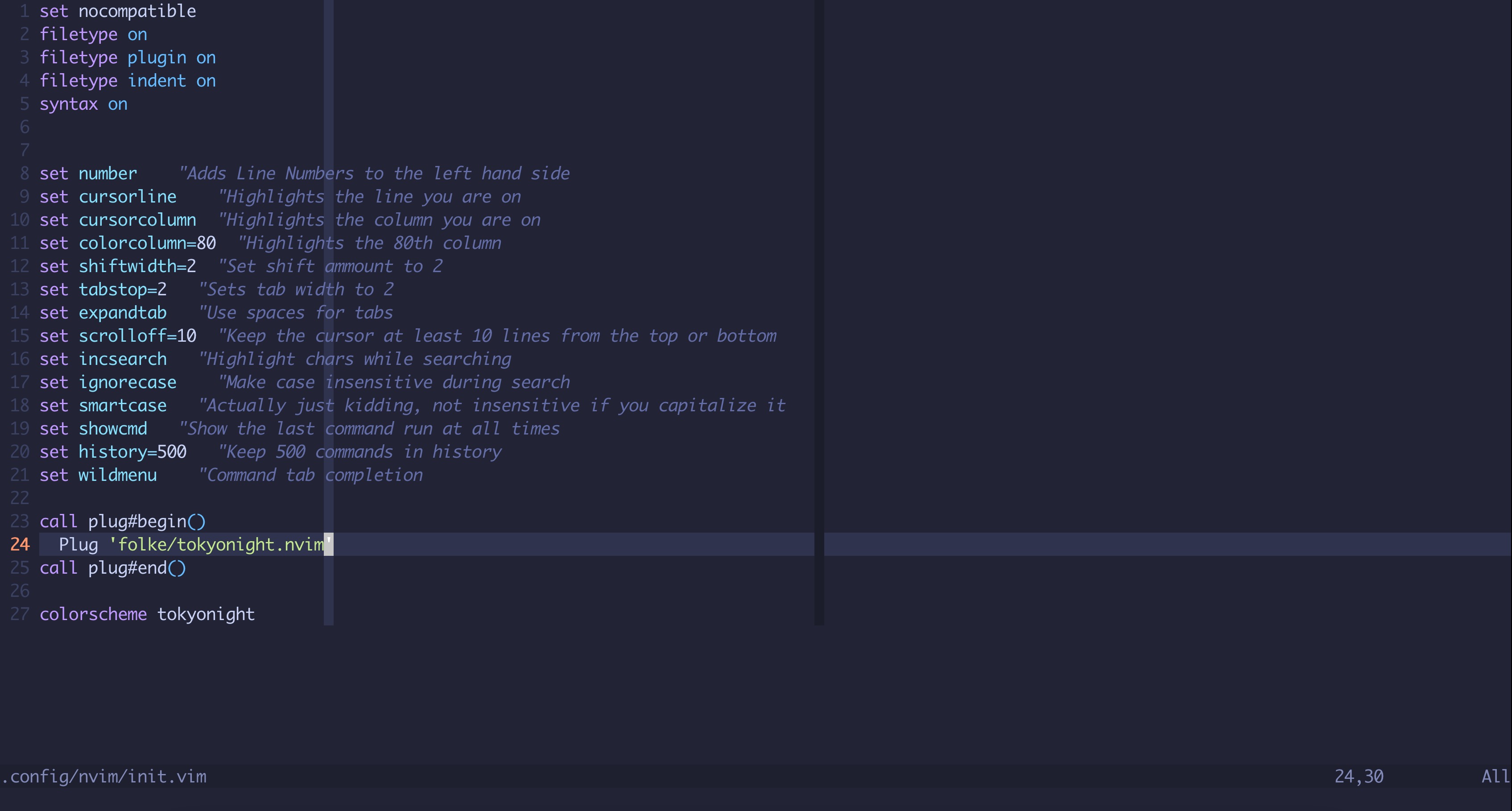 screenshot of neovim with tokyonight colorscheme