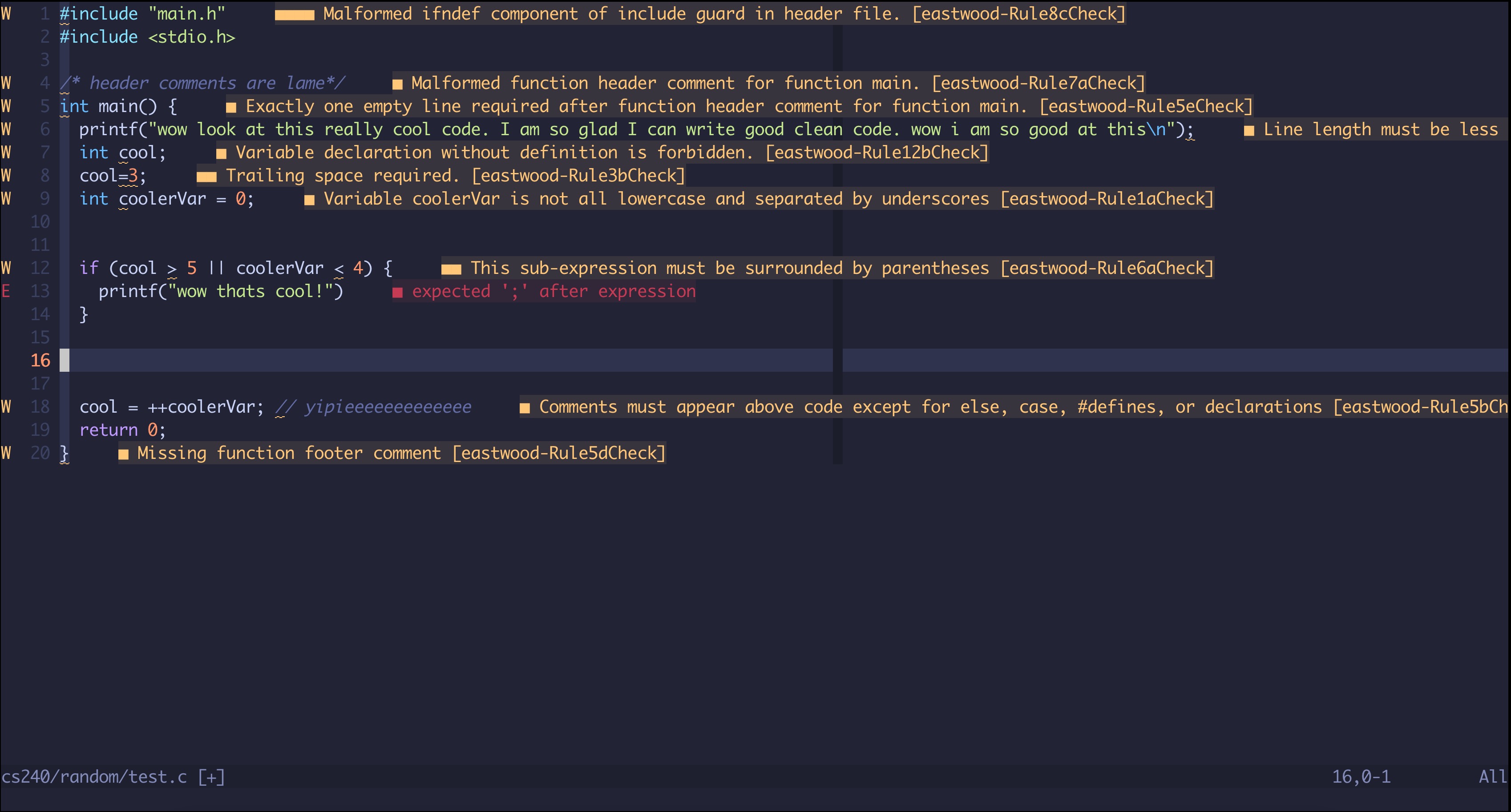 screenshot of neovim with ALE linting