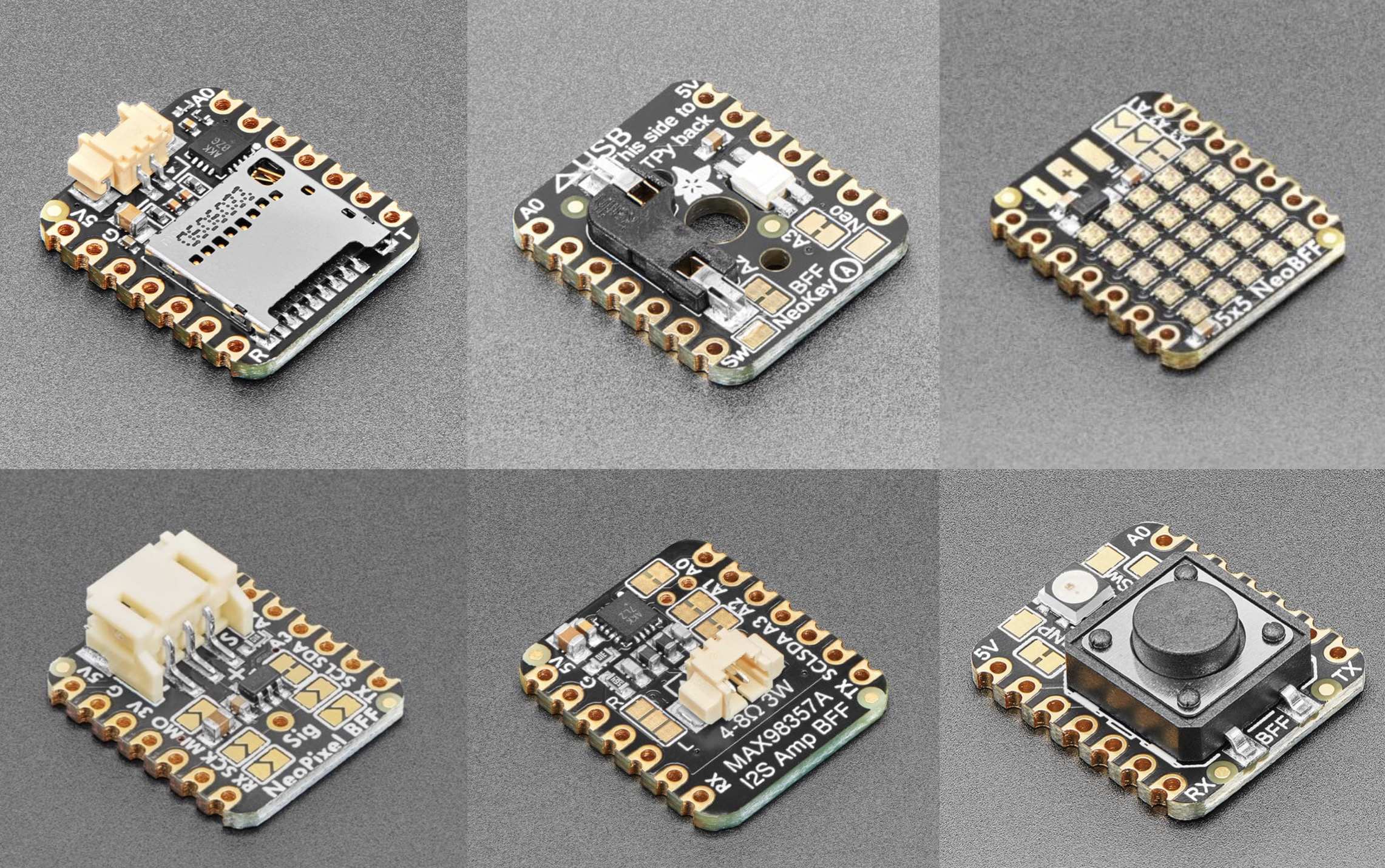 A bunch of different hats from Adafruit for the Seeed Studio XIAO and QT Py boards