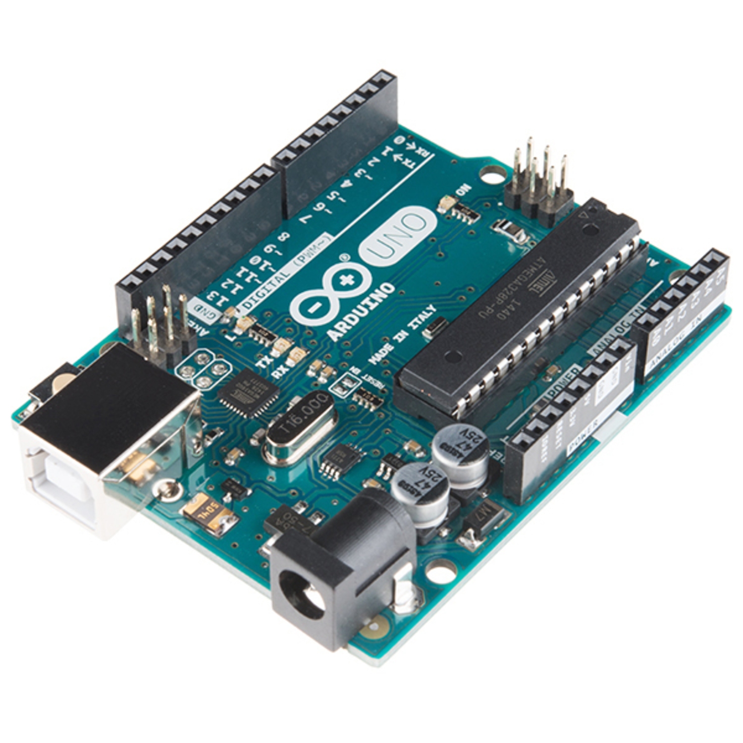 An Arduino Uno R3. In the center of the board is an ATMega328P